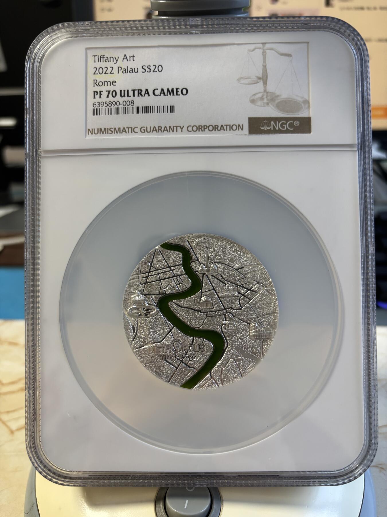 第197期拍卖 帕劳2022年蒂凡尼系列罗马街景3盎司镶嵌玻璃纪念银币NGC-PF70无盒无证书，3盎司，999银，发行999枚