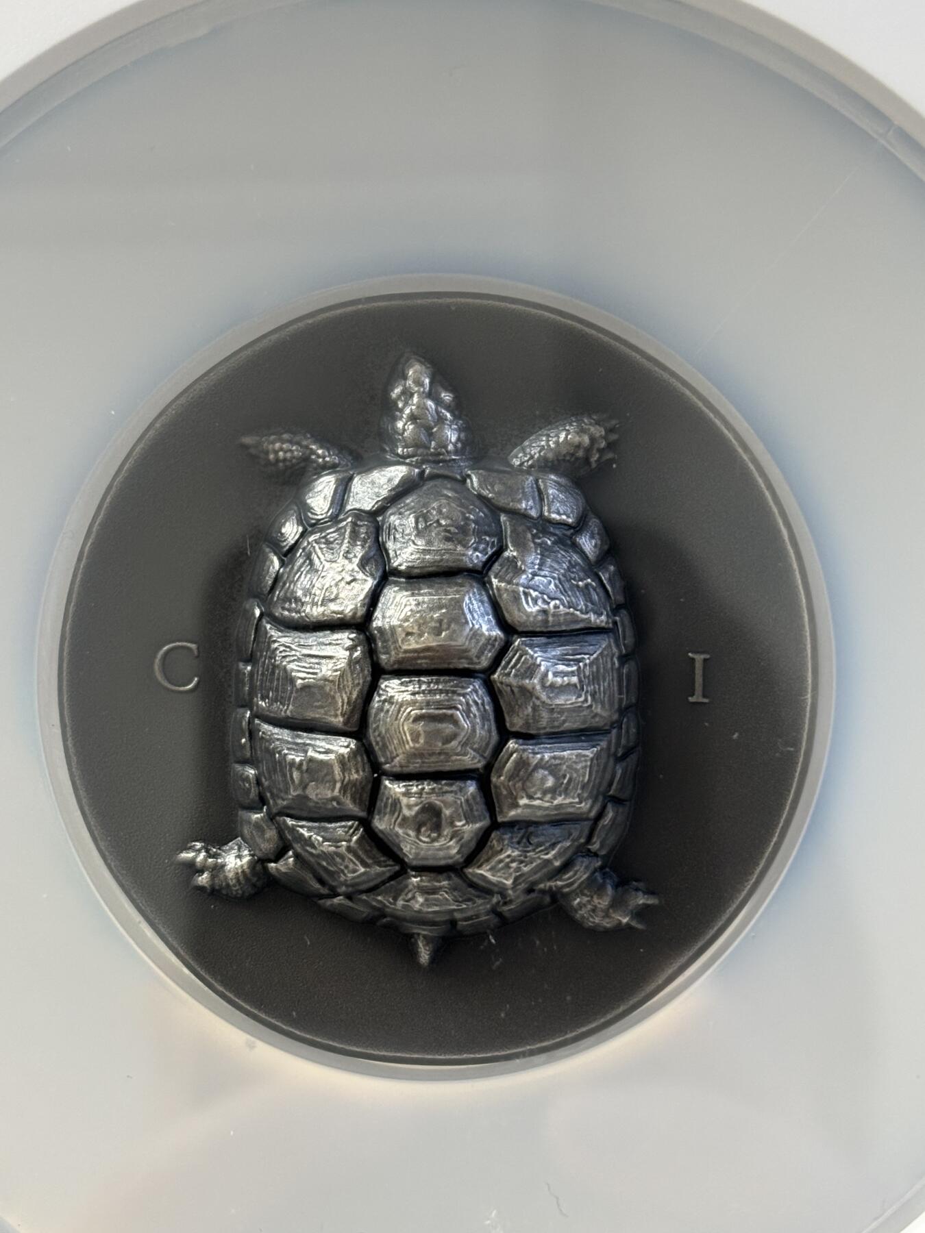 第197期拍卖 库克2020年货币上的乌龟盎司仿古银币NGC-MS70，999银，5盎司