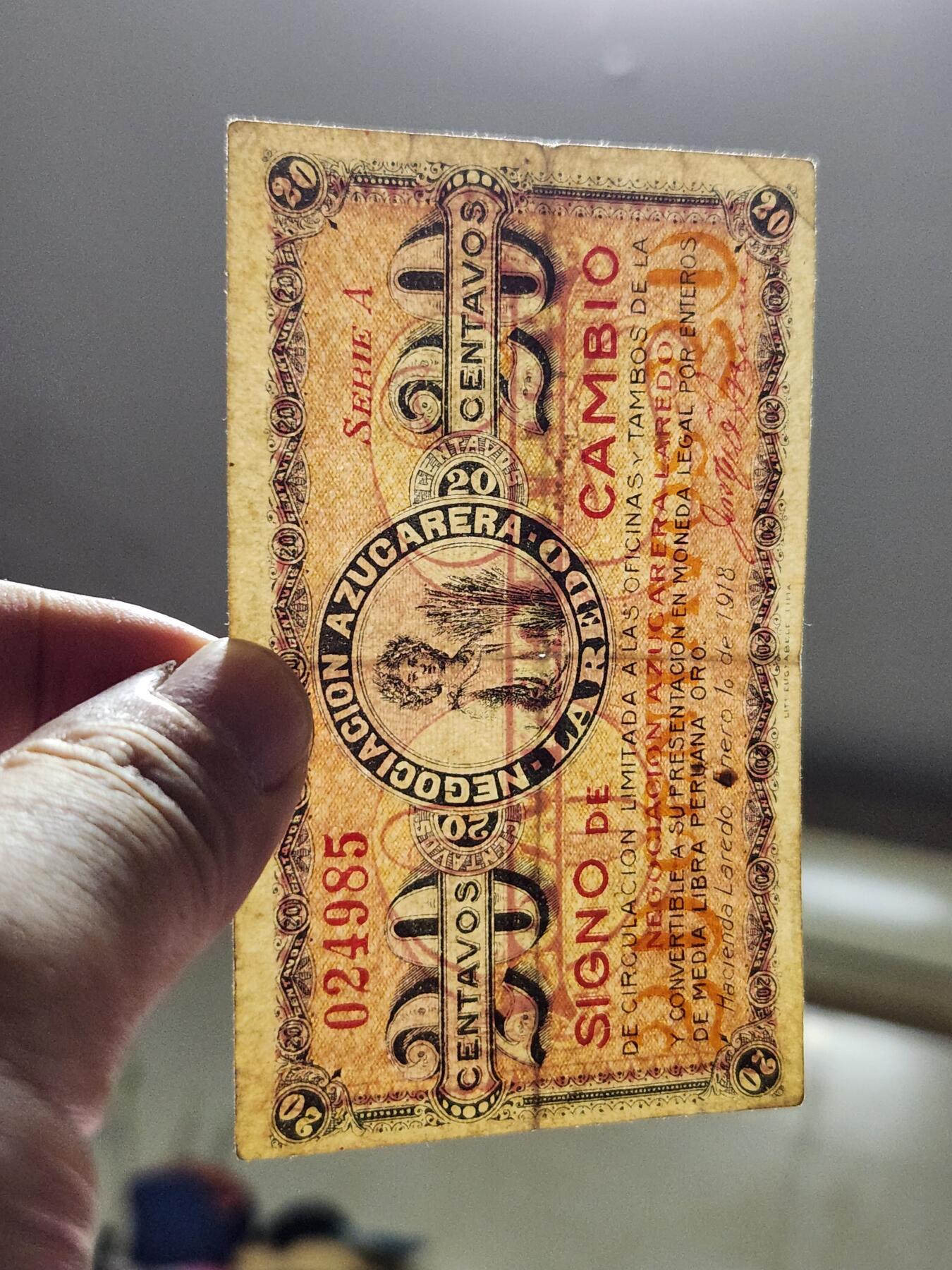 4月6号晚上8点 中外纸币自动截拍第52场 拉雷多糖业1918年20美分 稀少