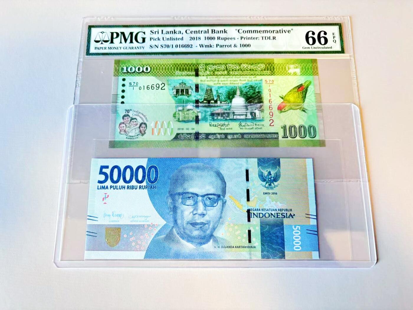 【Blue Auction】世界纸币精拍第805期——18级TOP拍卖/信誉/品质/专业/高效💫 【一组2张 无47 含全同9】斯里兰卡 2018年1000卢比 PMG66EPQ&印尼 2016年50000卢比 全新UNC
