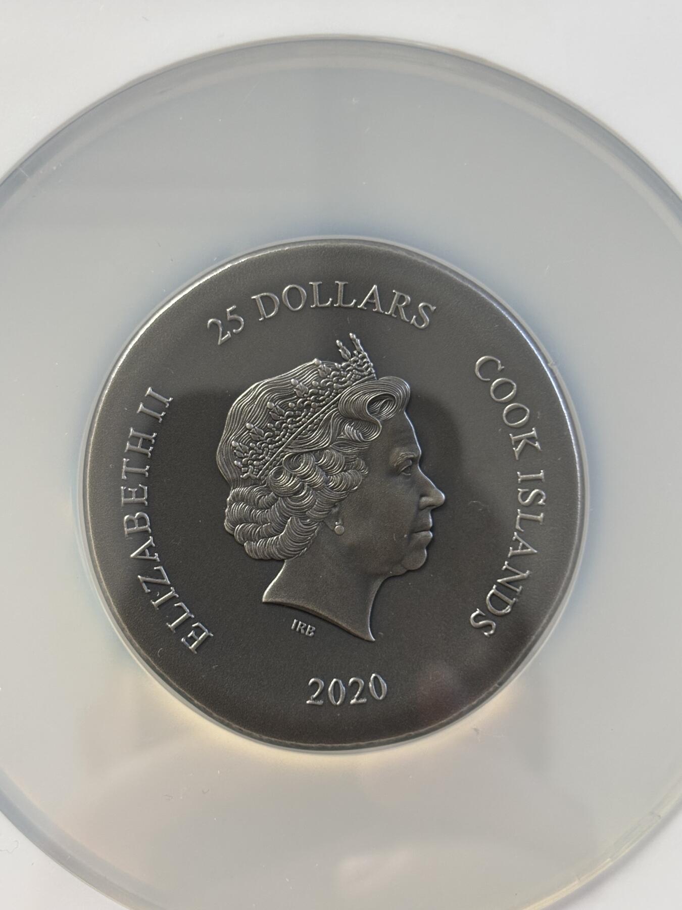 第197期拍卖 库克2020年货币上的乌龟盎司仿古银币NGC-MS70，999银，5盎司