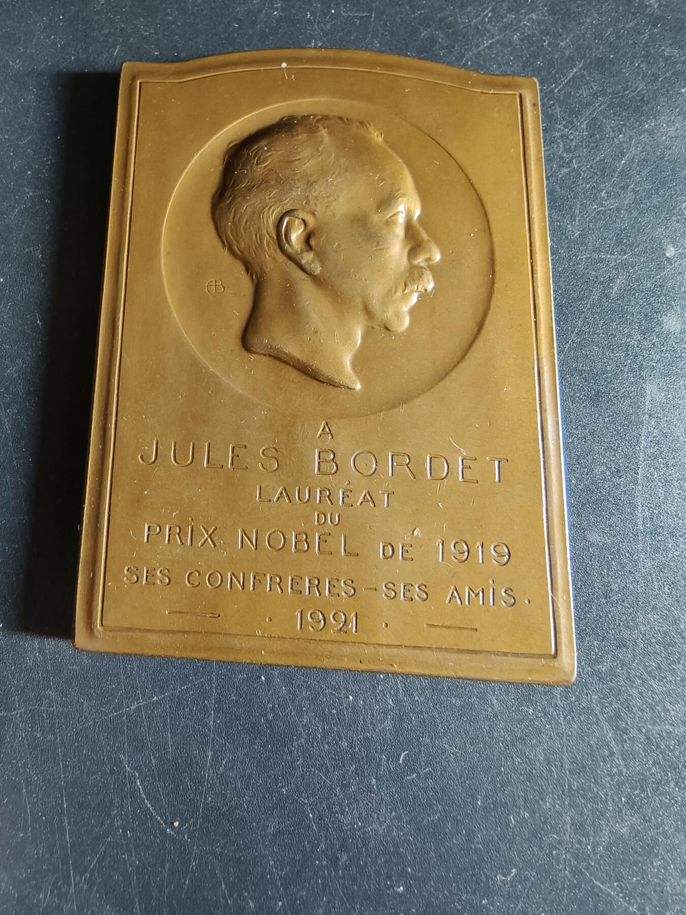 老王徽章第191期 比利时医学家朱尔·博尔代方形大铜章     博尔代医生于曾任职于法国巴斯德研究所，1919年获得了诺贝尔医学奖，被称为“免疫学之父”，享有极高声誉        尺寸70×50mm      重量124.1g