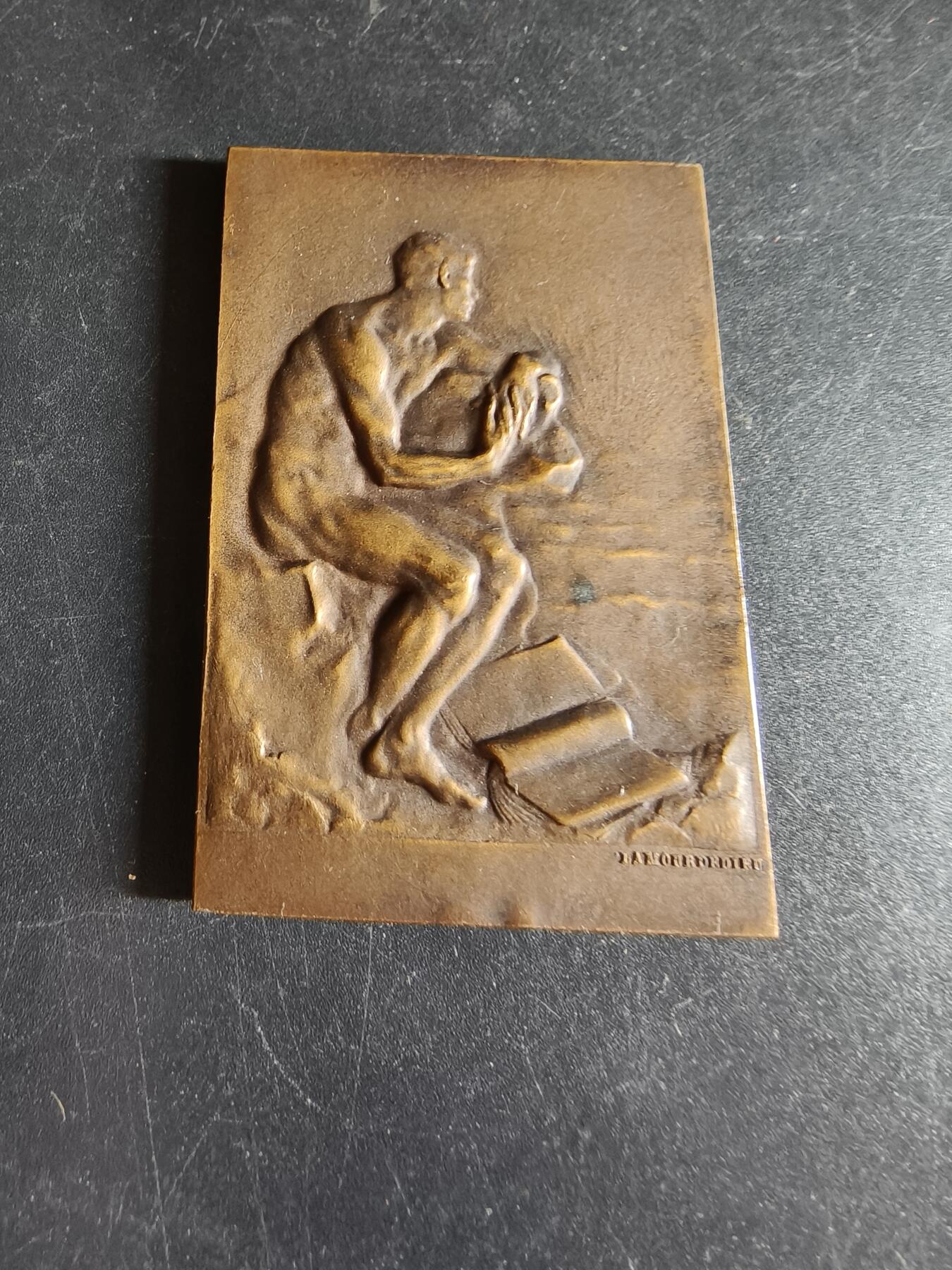 老王徽章第191期 法国会计学会公共事业认证方形大铜章      正面为沉思者形象     尺寸39×56mm     重量50g