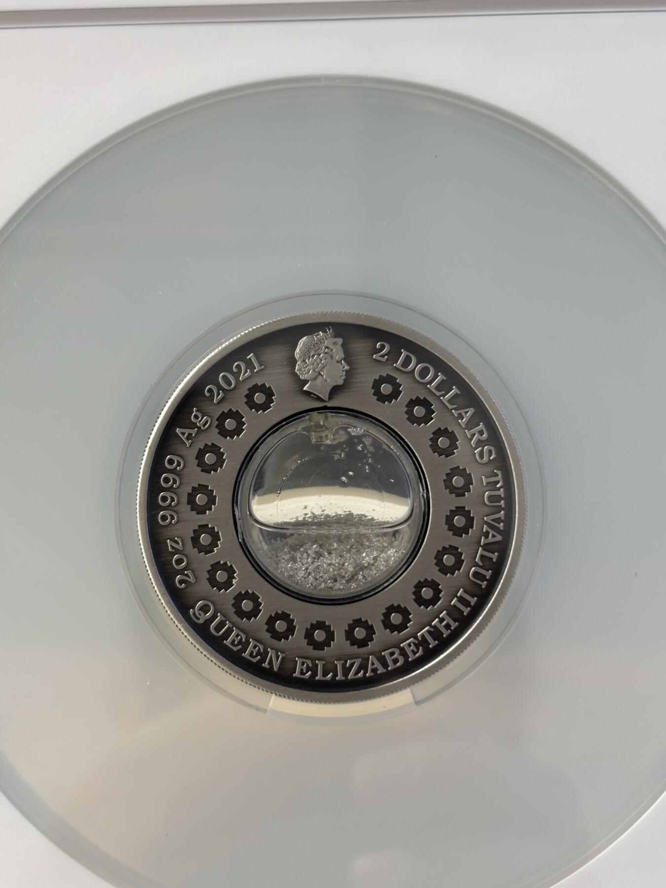 第197期拍卖 图瓦卢2021月亮眼泪镶银颗粒仿古银币NGC-MS70，999银，2盎司，发行2500枚