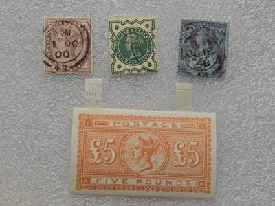  【淘币小摊】限时拍第八百九十一拍  外国老邮票 印花税票 火花纸品场    每周一统一发货 - 英国维多利亚女王时期邮票4枚 5镑邮票全新背胶