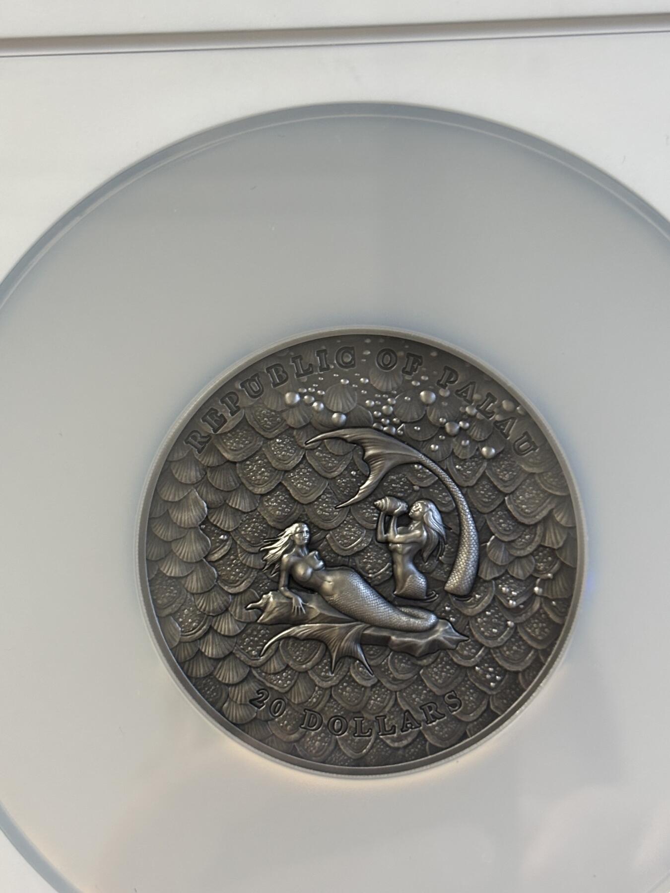 第197期拍卖 帕劳2024年水下幻想美人鱼3盎司银币NGC-MS70分首无盒证书，3盎司，发行777枚