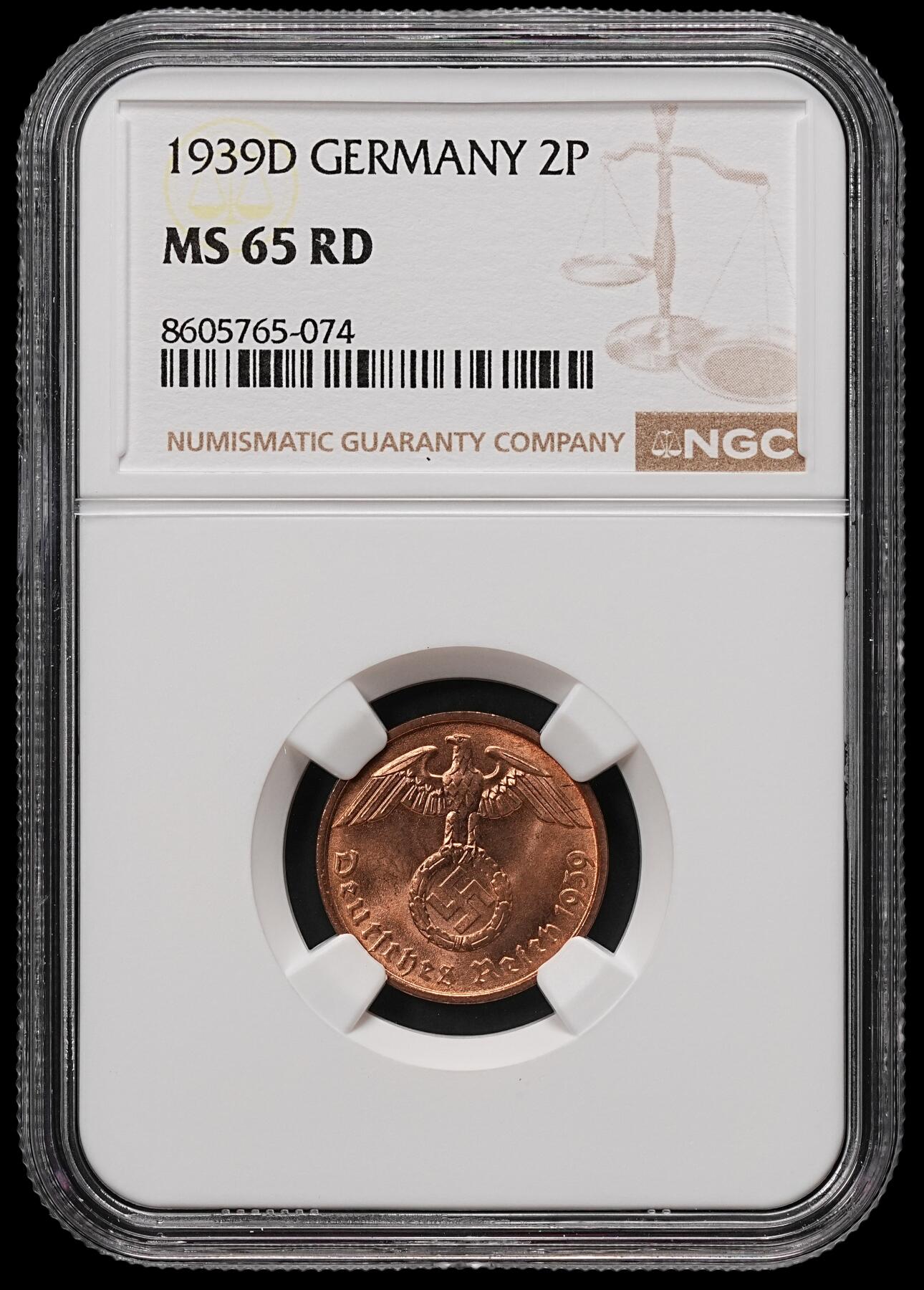 修遠堂世界钱币第110期 NGC MS65RD 1939年德国2芬尼铜币 D厂铭 RD原始全铜光难得