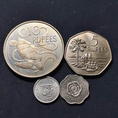 【全场包邮】纯粹捡漏拍518场 - 塞舌尔1972-1974年4枚套币-含1972年2枚小面值FAO纪念币+5/10卢比独年份女王版