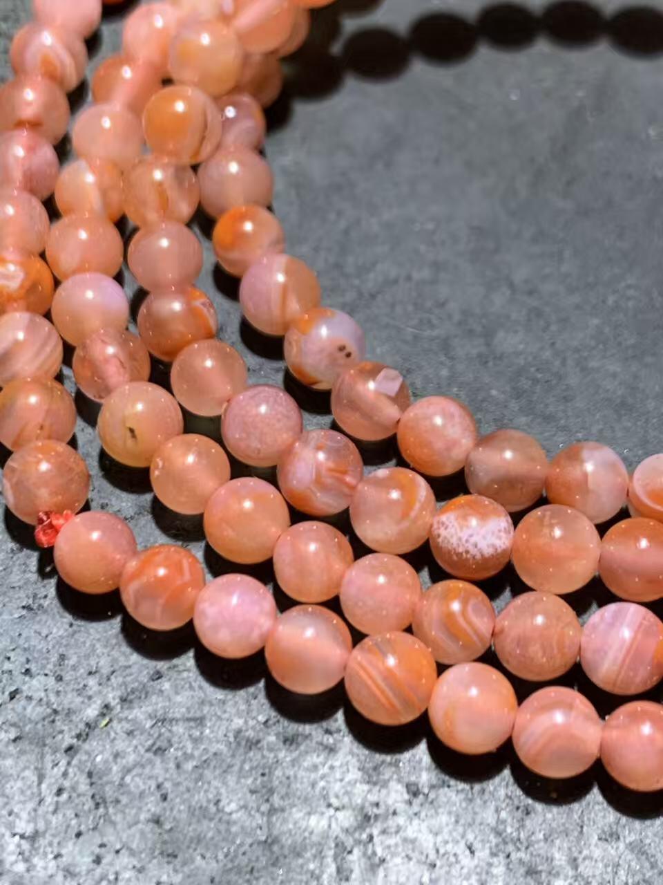 精美冰粉色荔枝冻飘红川料南红玛瑙多圈手串一条