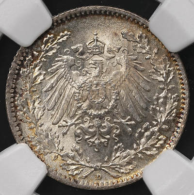 修遠堂世界钱币第110期 - NGC MS65 1918年德国1/2马克银币 D厂铭