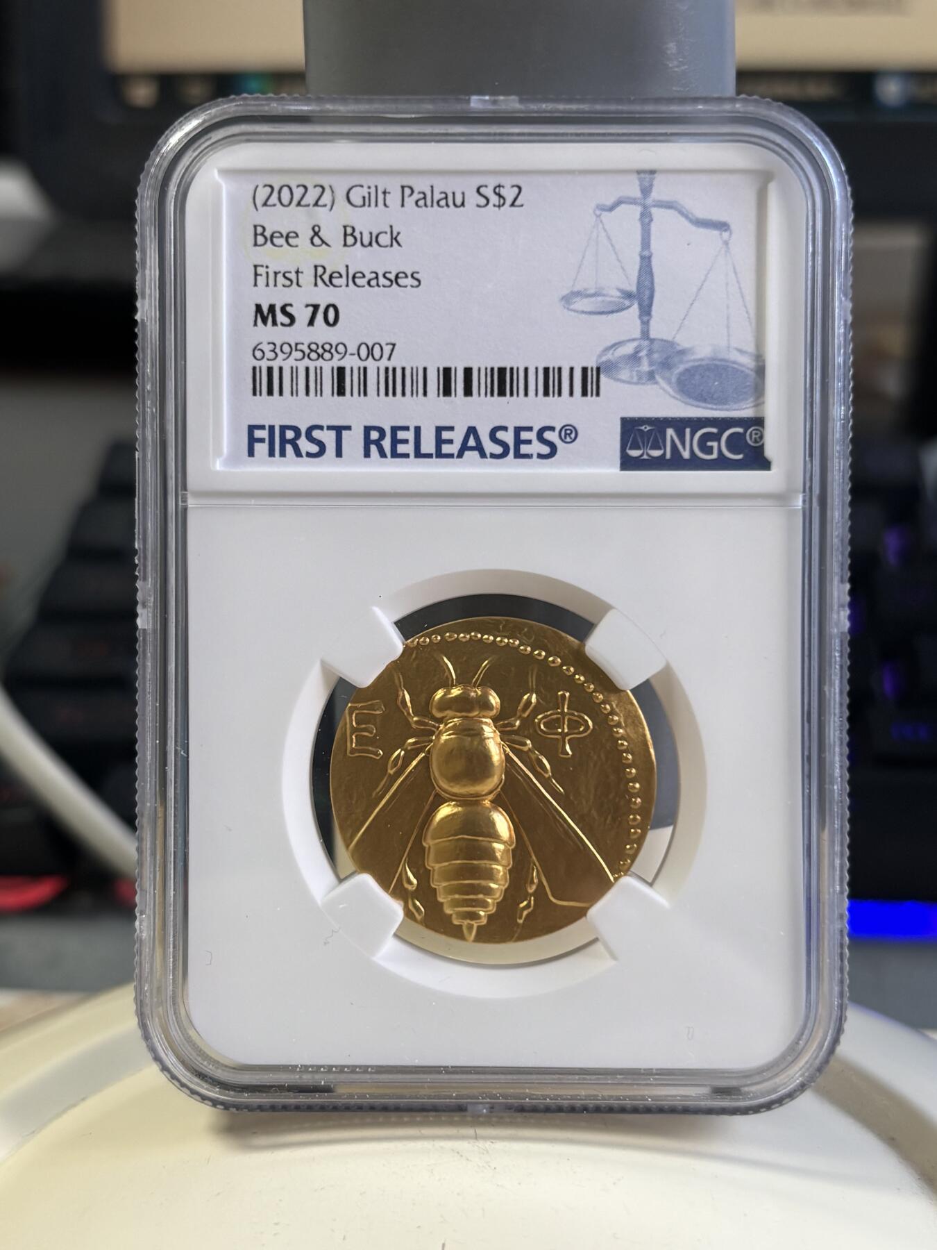 第197期拍卖 帕劳2022年复刻古希腊蜜蜂和雄鹿银币NGC-MS70首期无盒证书，15克，999银镀金，发行500枚