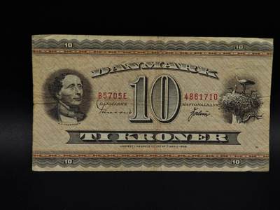  【淘币小摊】限时拍第八百九十拍   纸币场    每周一统一发货 - 丹麦10克朗纸币【有折】