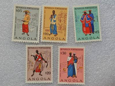  【淘币小摊】限时拍第八百九十一拍  外国老邮票 印花税票 火花纸品场    每周一统一发货 - 安哥拉1957年民族服饰邮票5枚全新未使用