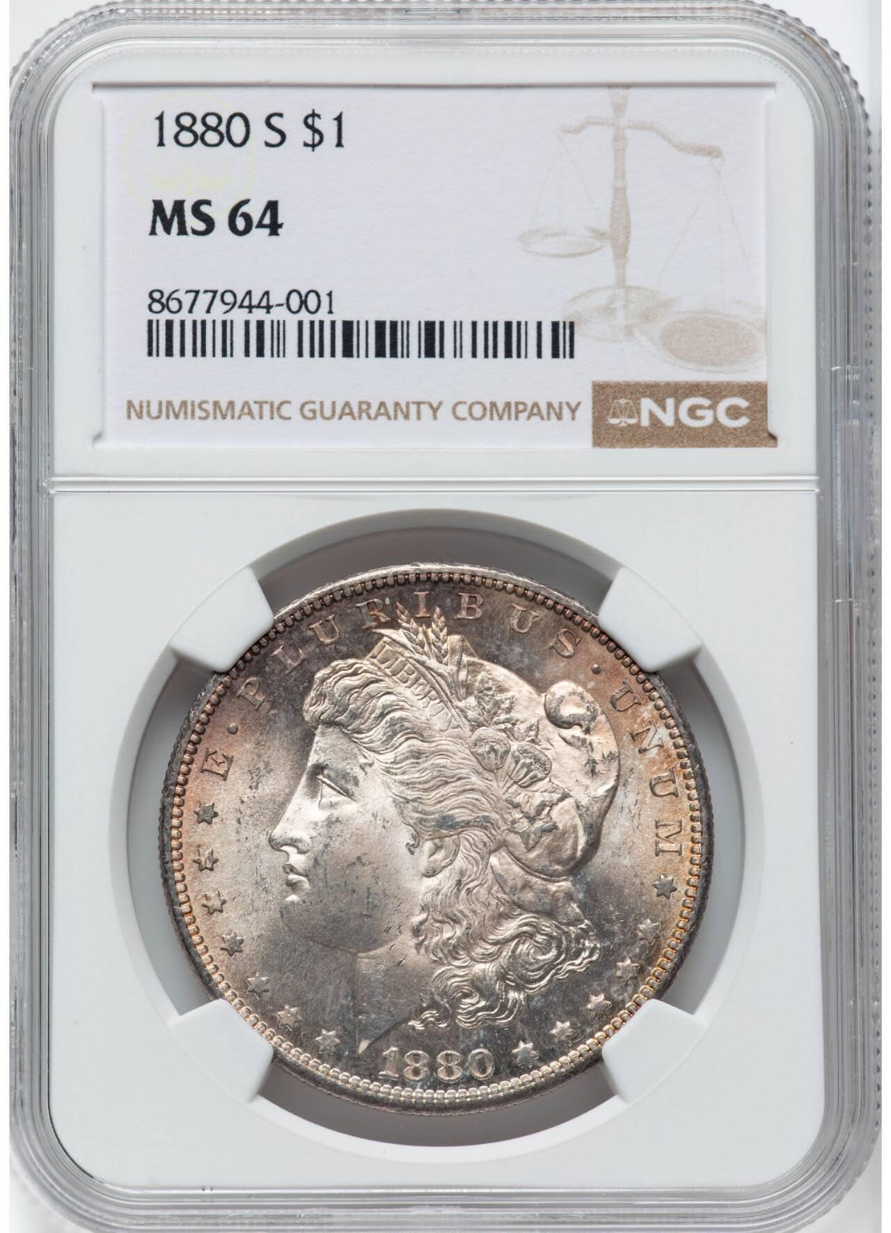 NGC评级MS64银霜1880年美国S版摩根银元