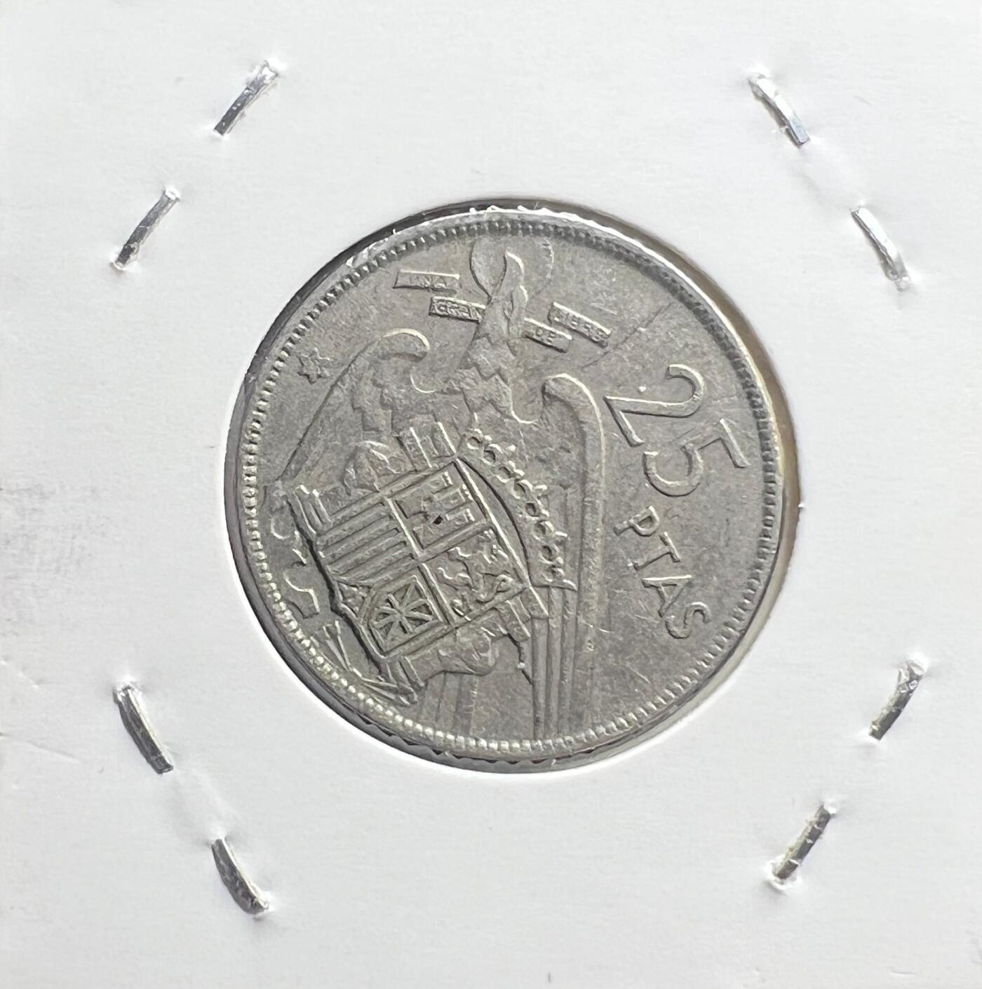 1957 年西班牙佛朗哥时期 25 比塞塔铜镍币 独裁时代 欧洲钱币