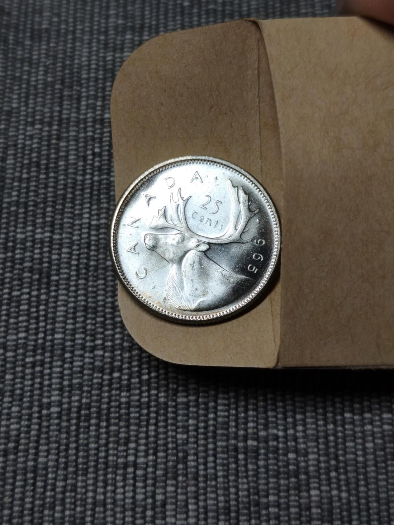 卷拆1963年加拿大伊丽莎白二世驯鹿25分银币