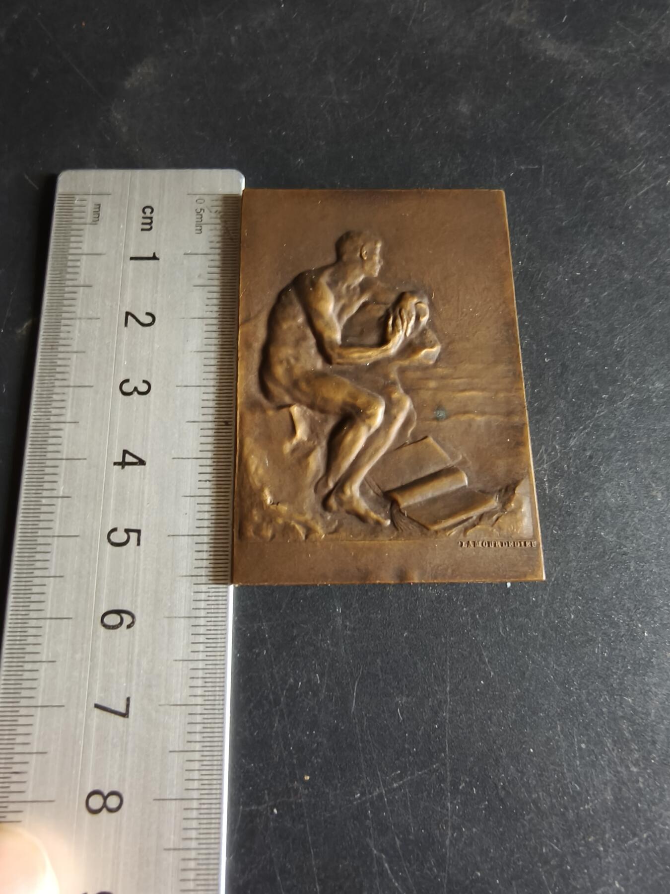 老王徽章第191期 法国会计学会公共事业认证方形大铜章      正面为沉思者形象     尺寸39×56mm     重量50g