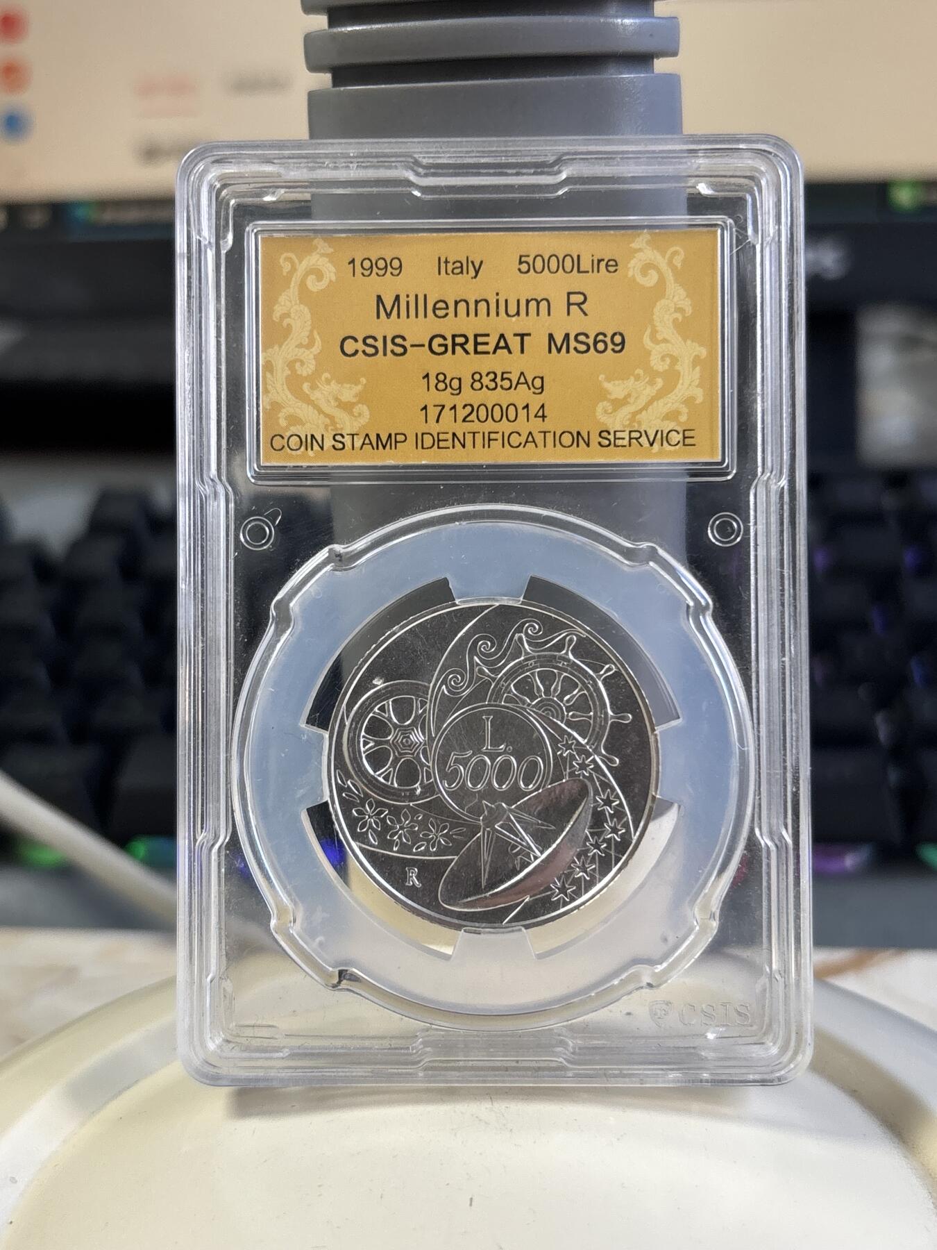 第197期拍卖 克劳斯获奖币意大利1999年千禧年磨砂纪念银币CSIS-MS69，18克，835银