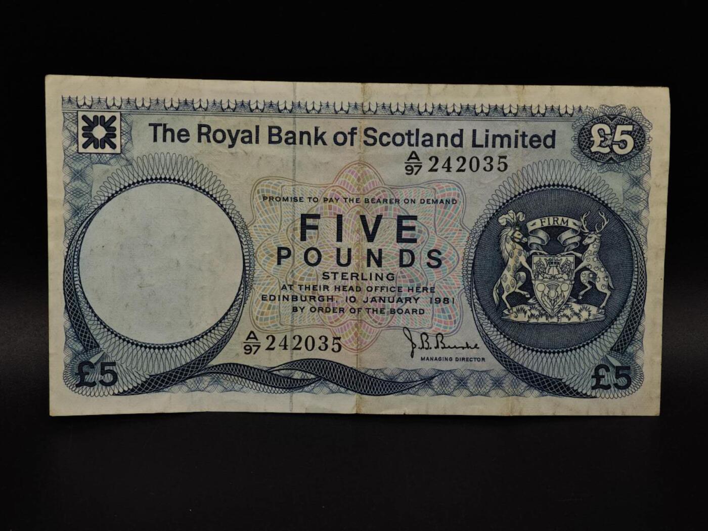  【淘币小摊】限时拍第八百九十拍   纸币场    每周一统一发货 英国苏格兰皇家银行5镑纸币【有折】