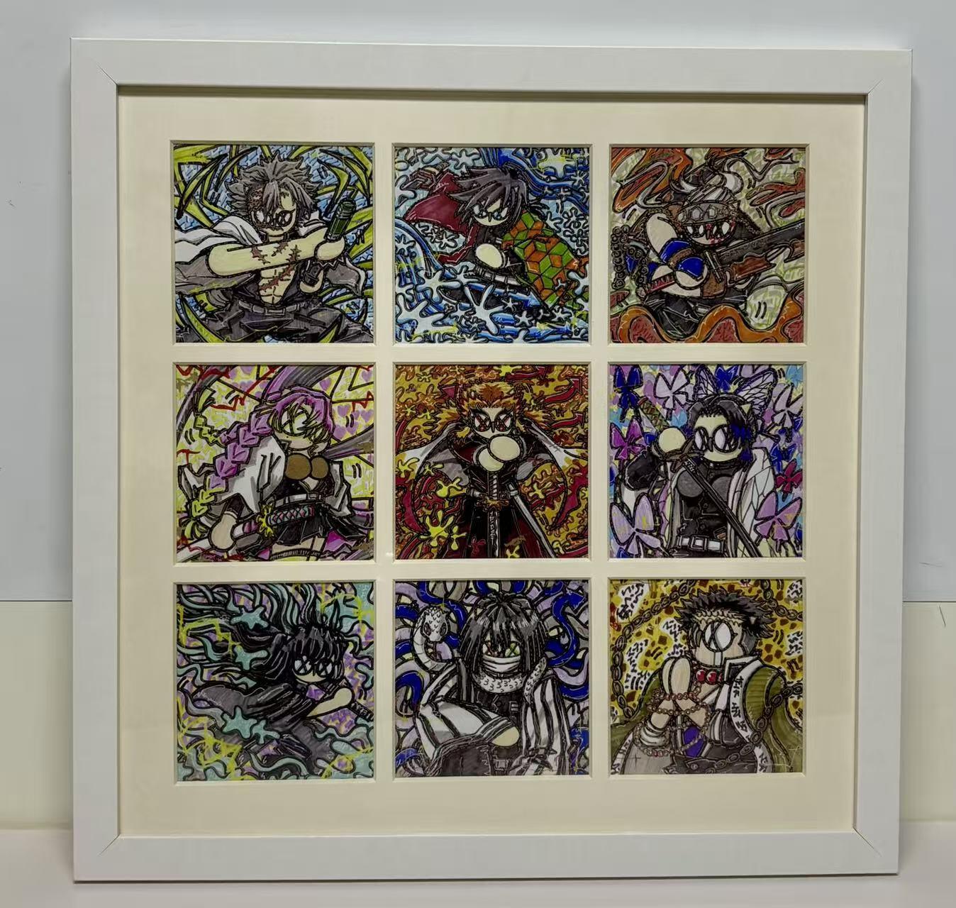 零元拍： OWSON 系列作品装饰画《鬼灭之刃》九宫格，已做装裱 木制画框。因展品出展，镜框或亚克力可能有轻微划痕，介意勿拍，尺寸：38X38CM