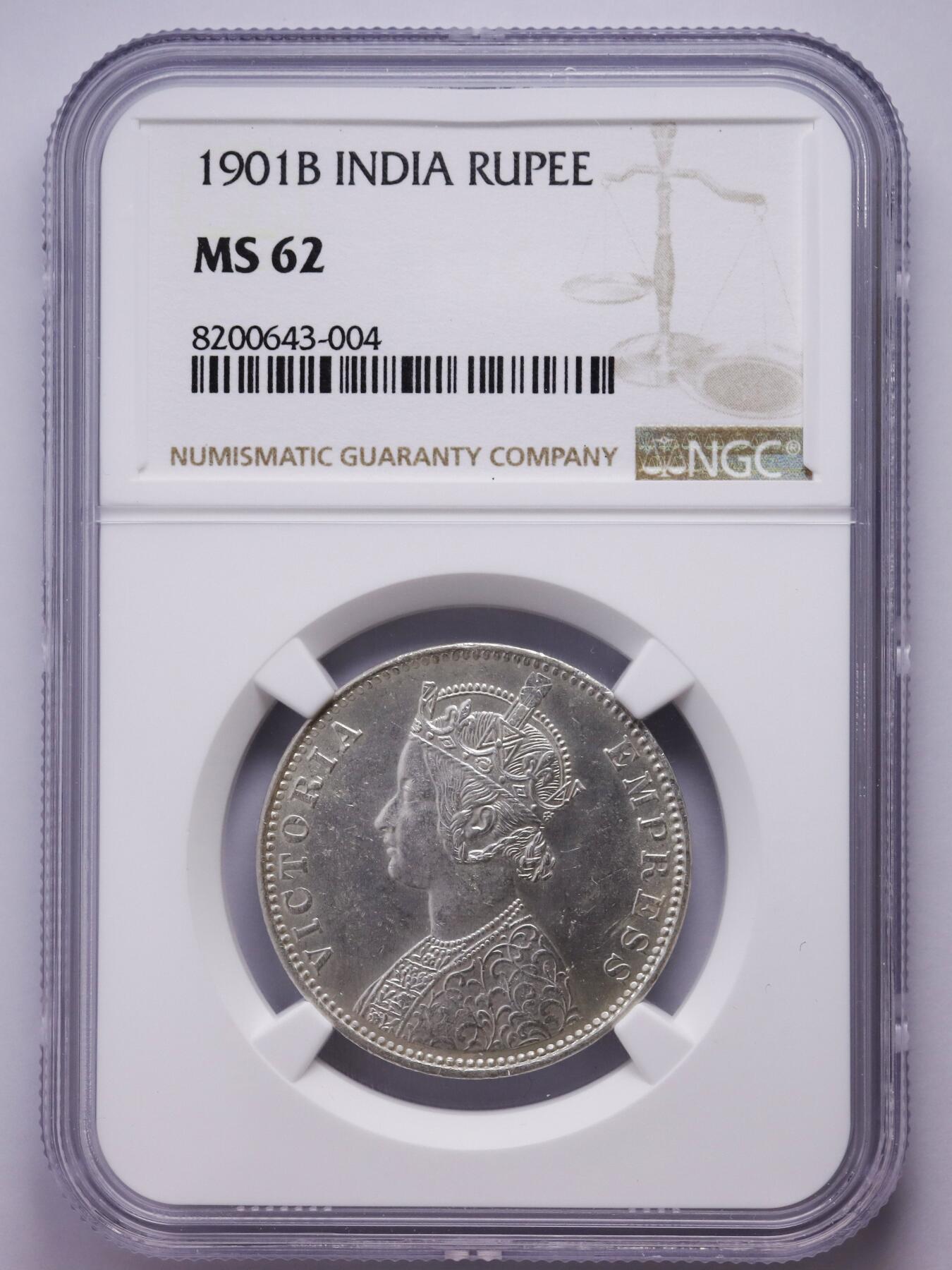 观钱 近现代机制币拍卖No.007（全场顺丰包邮，不区分偏远地区）  1901 年英属印度维多利亚一卢比银币（NGC MS62）