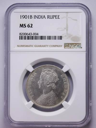 观钱 近现代机制币拍卖No.007（全场顺丰包邮，不区分偏远地区）  - 1901 年英属印度维多利亚一卢比银币（NGC MS62）