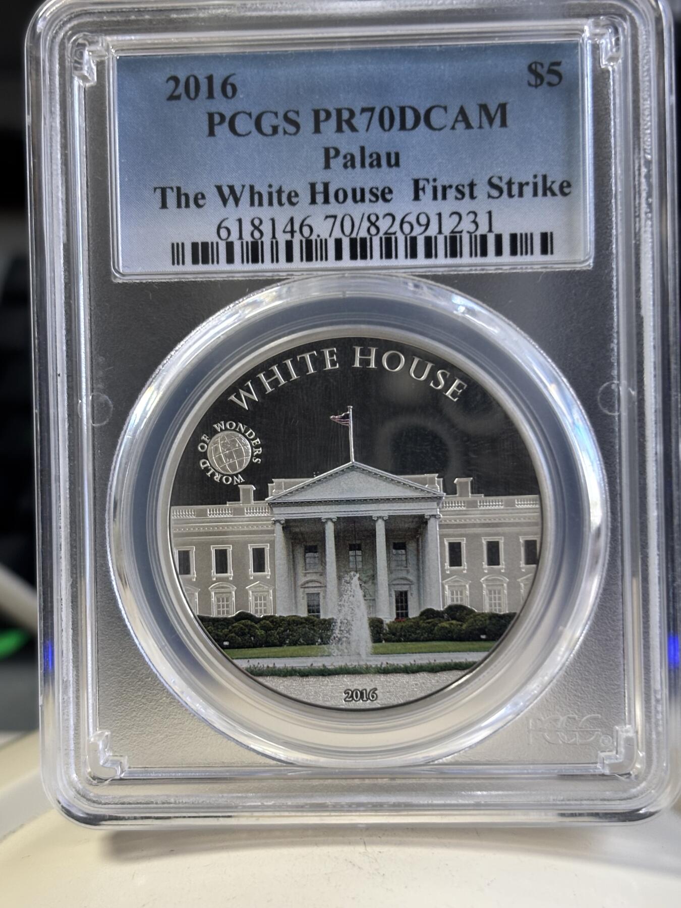 第197期拍卖 帕劳2016年世界奇观美国白宫彩银币PCGS-PR70首带证书，925银，20克，发行2500枚