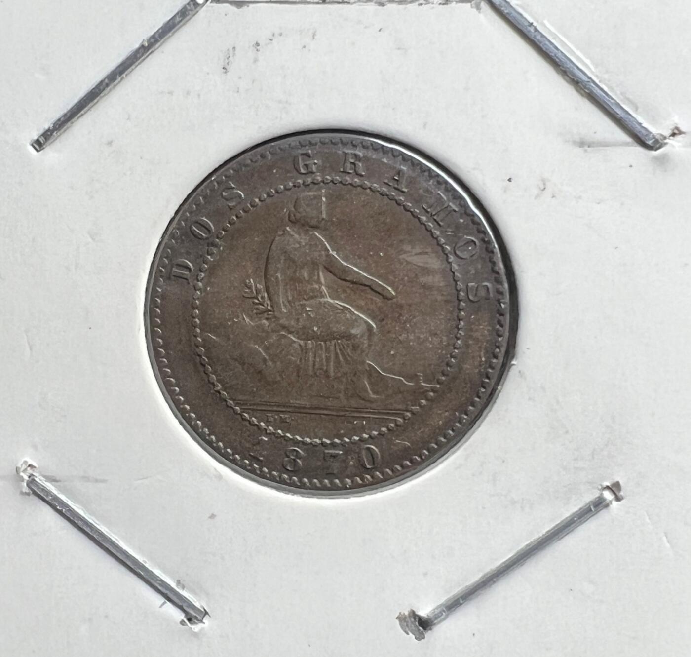 1870 年西班牙临时政府 2 分铜币 第一共和国 自由女神坐像 欧洲古币