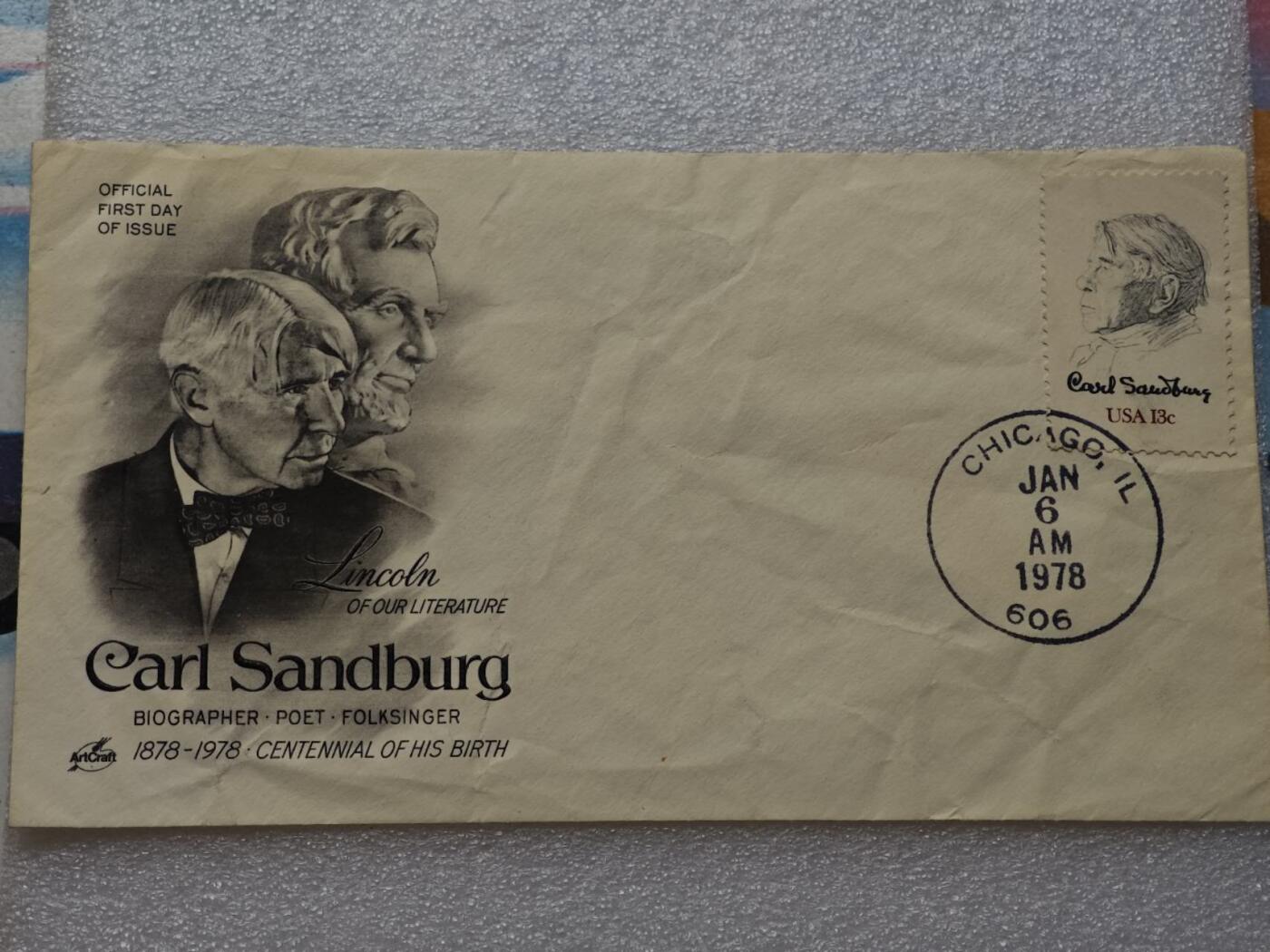  【淘币小摊】限时拍第八百九十一拍  外国老邮票 印花税票 火花纸品场    每周一统一发货 美国1978年卡尔·桑德堡诞辰百年芝加哥首日封