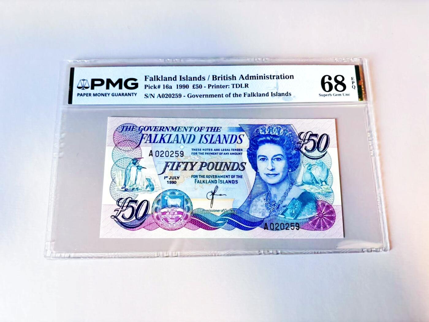 【Blue Auction】世界纸币精拍第805期——18级TOP拍卖/信誉/品质/专业/高效💫 【无47】福克兰群岛 1990年50镑 PMG68EPQ 高分