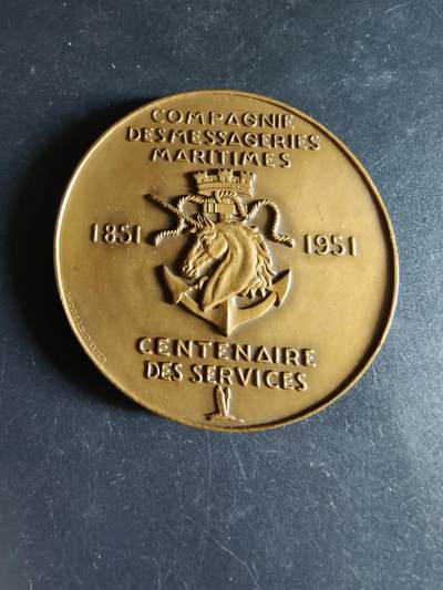 老王徽章第191期 - 法国1951年邮政海运公司成立百年大铜章      直径58mm     重量111.7g