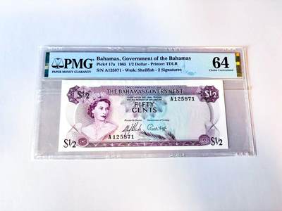 【Blue Auction】世界纸币精拍第805期——18级TOP拍卖/信誉/品质/专业/高效💫 - 【首年】巴哈马 1965年1/2元 PMG64  彩背 女王