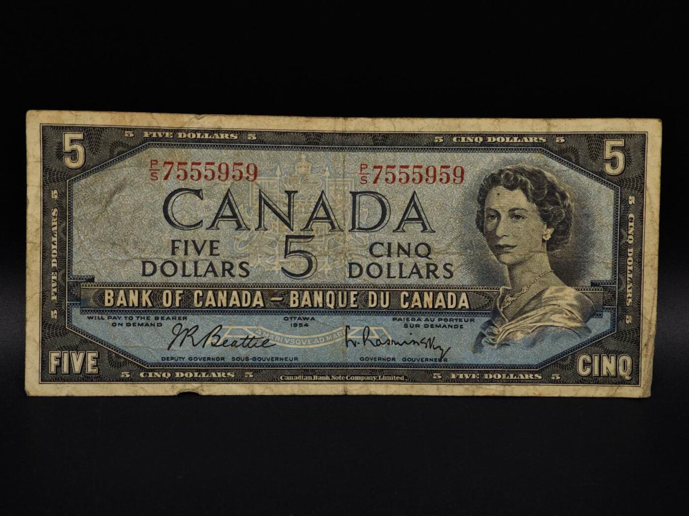 【淘币小摊】限时拍第八百九十拍   纸币场    每周一统一发货 加拿大1954年5元纸币【有折】