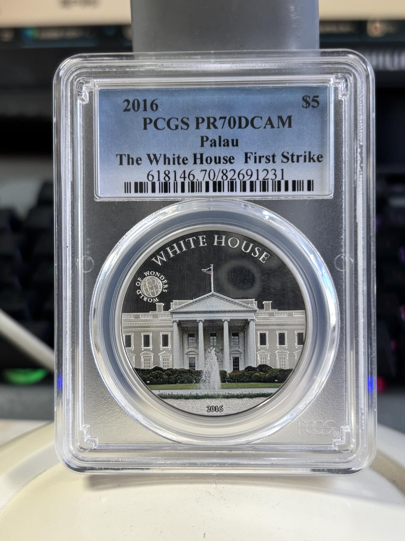 第197期拍卖 帕劳2016年世界奇观美国白宫彩银币PCGS-PR70首带证书，925银，20克，发行2500枚