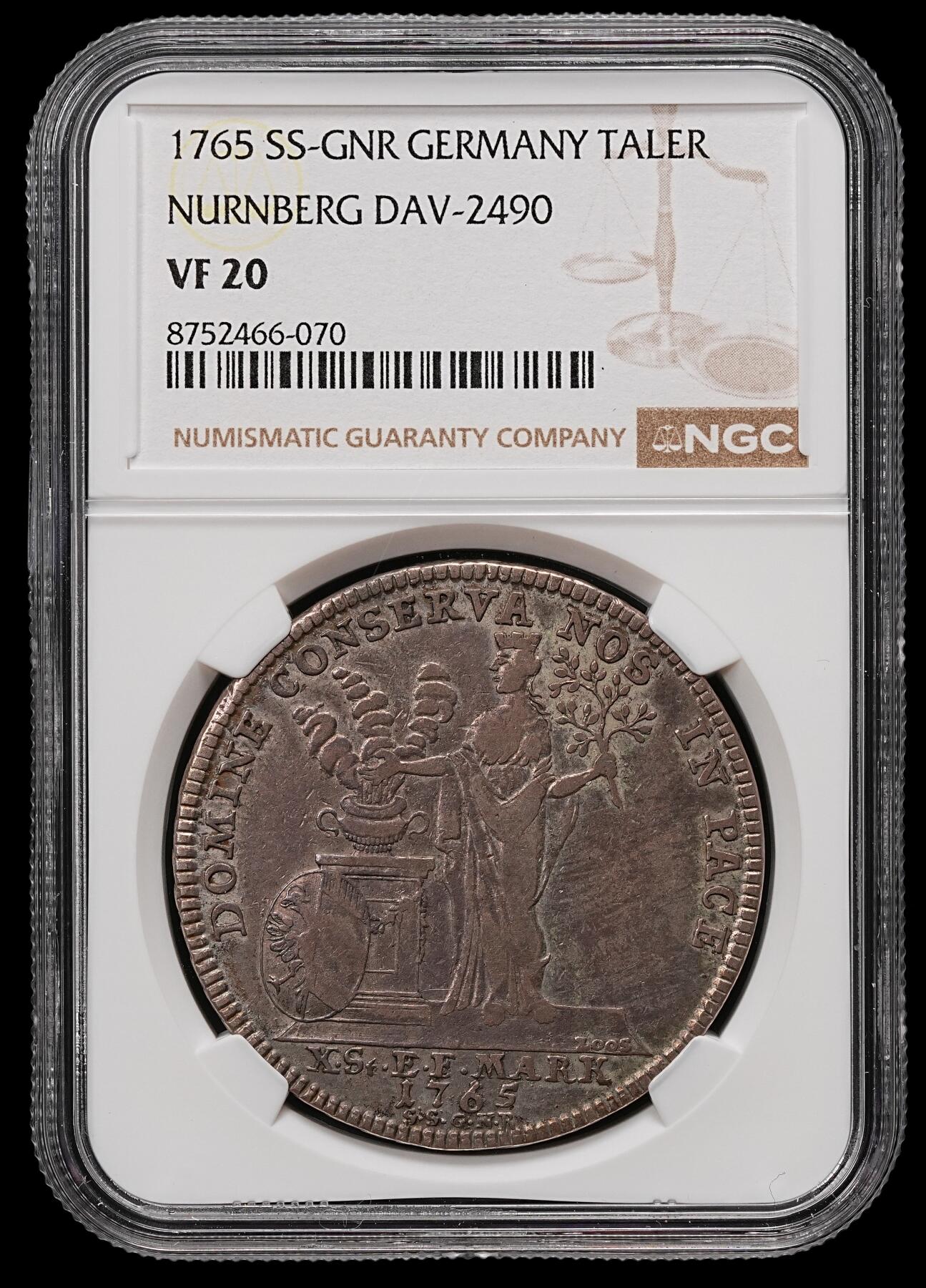 修遠堂世界钱币第110期 NGC VF20 1765年神圣罗马帝国纽伦堡自由帝国市1泰勒大银币，经典和平女神手持橄榄枝图案