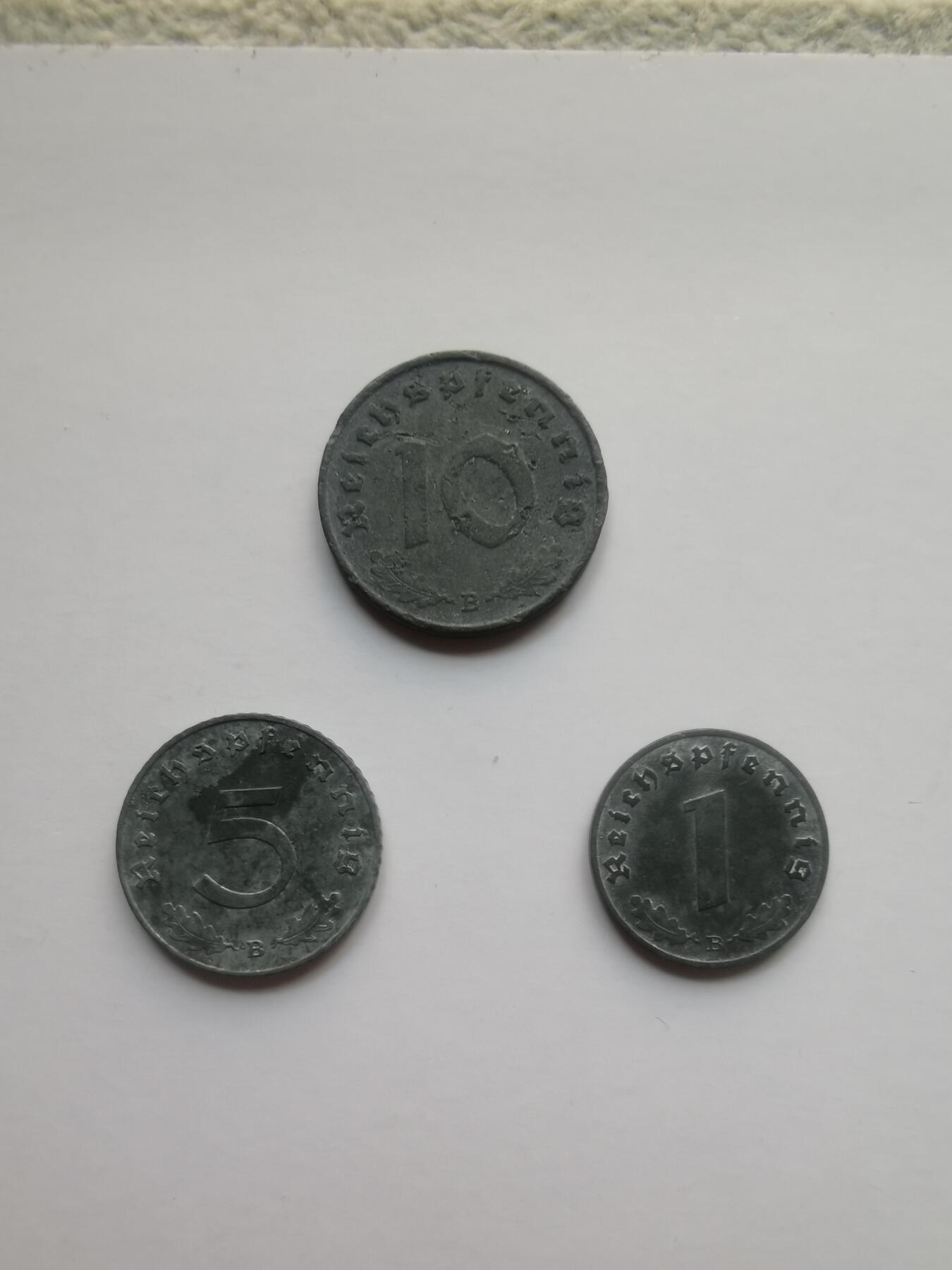 德意志第三帝国w字芬尼全B厂一套，面值1，5，10芬尼，细节清晰，历史收藏🥳