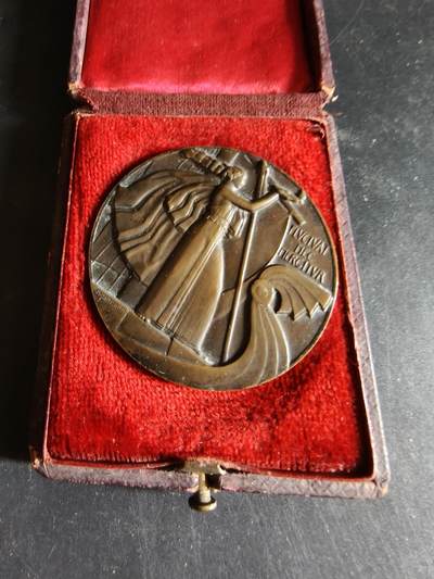 老王徽章第191期 - 法国巴黎电影-摄影-无线电职业教育协会大铜章    原盒，盒子背后老化开裂     装饰艺术大师夏尔·达曼作品     直径50mm     重量54.5g