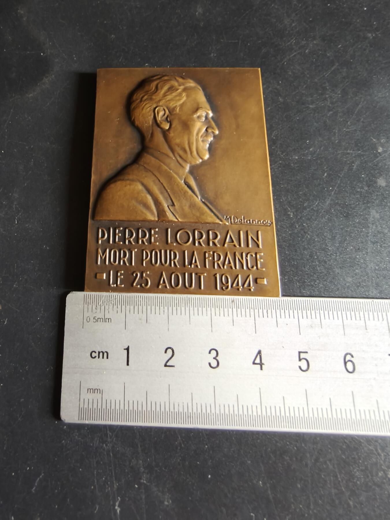 老王徽章第191期 法国抵抗组织成员皮埃尔·洛兰巴黎解放日殉难方形大铜章      皮埃尔·洛兰是法国抵抗组织成员，在1944年巴黎解放日于雷诺公司工厂升旗法国国旗时殉难      背面为雷诺工厂造型       大师马塞尔·德朗努瓦作品      尺寸45×60mm     重量91.7g 