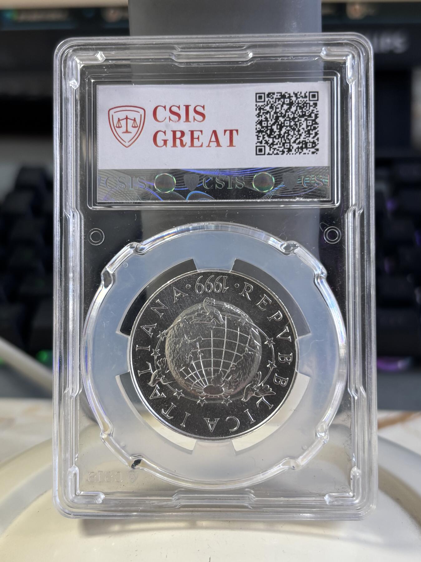 第197期拍卖 克劳斯获奖币意大利1999年千禧年磨砂纪念银币CSIS-MS69，18克，835银