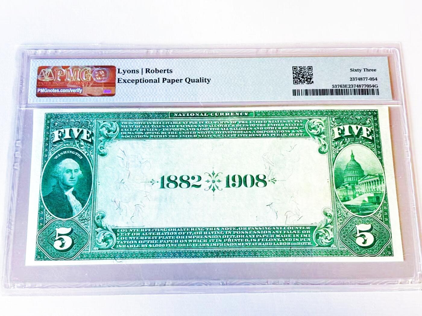 【Blue Auction】世界纸币精拍第805期——18级TOP拍卖/信誉/品质/专业/高效💫   【Date Back版】美国 费城富兰克林国家银行1882年5美金 美国第20任总统詹姆斯·艾伯拉姆·加菲尔德 蓝库印 PMG63EPQ 全新原票 凹凸感佳 人像雕刻极致 尤其是胡子 背面华盛顿头像和白宫 大涨品种 值得收藏