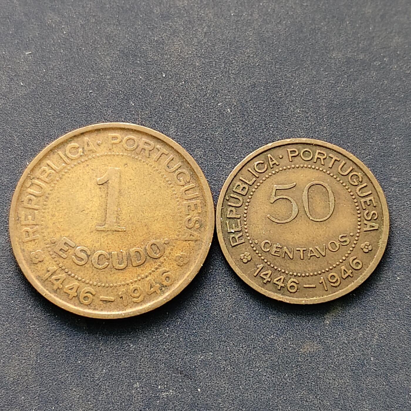 【全场包邮】纯粹捡漏拍518场 葡属几内亚1946年50分-1埃斯库多发现几内亚500周年纪念币2枚全套