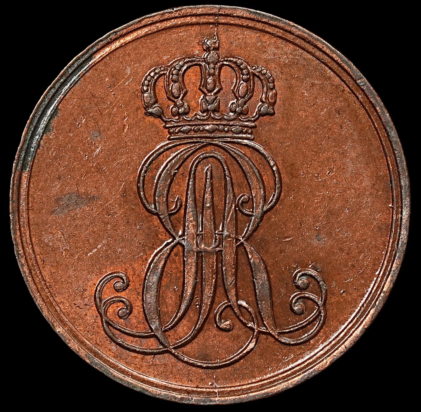 修遠堂世界钱币第110期 1846年汉诺威选侯国 / 王国1芬尼铜币，未流通，币面有一层清漆