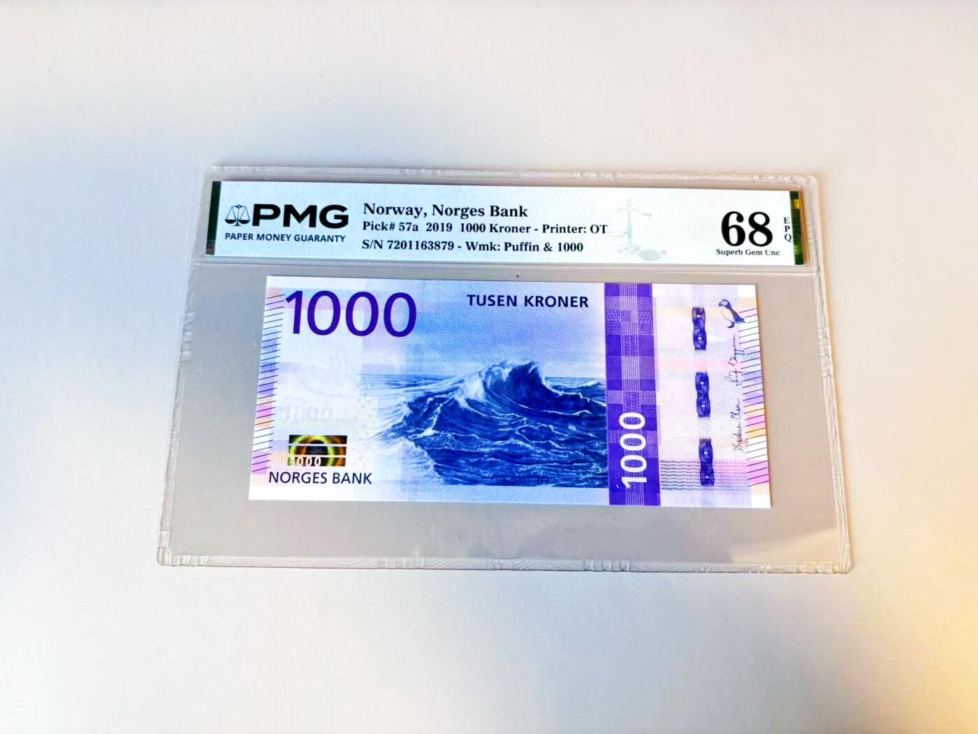 【Blue Auction】世界纸币精拍第805期——18级TOP拍卖/信誉/品质/专业/高效💫  挪威 2019年1000克朗 PMG68EPQ 高分