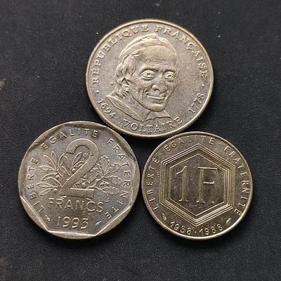 【全场包邮】纯粹捡漏拍518场 - 法国1988-1994年纪念币3枚一组-30周年+让·穆兰+伏尔泰