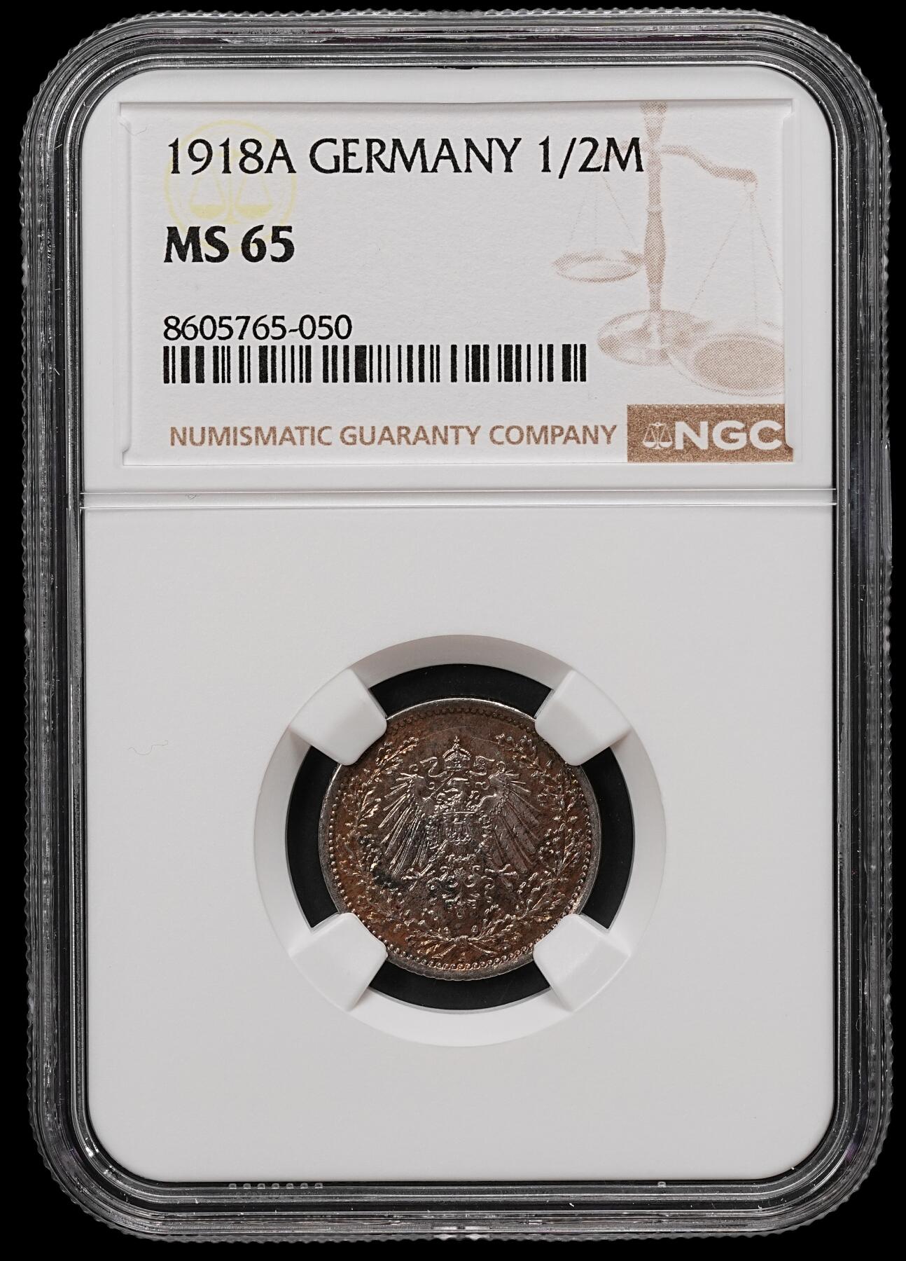 修遠堂世界钱币第110期 NGC MS65 1918年德国1/2马克银币 A厂铭