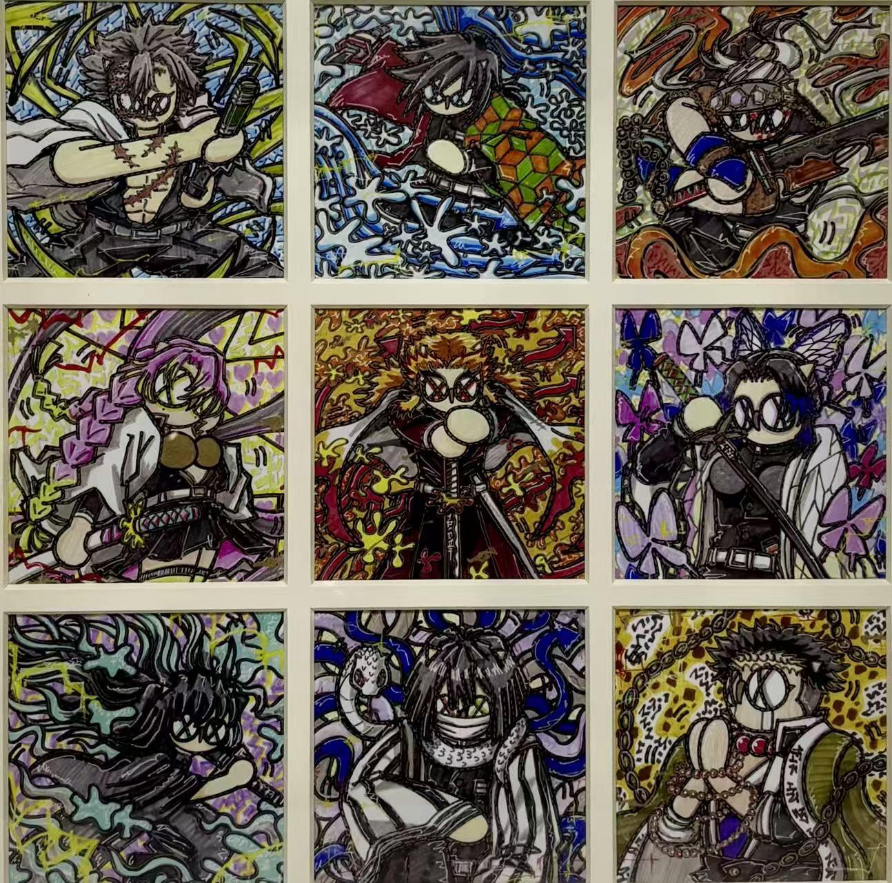 零元拍： OWSON 系列作品装饰画《鬼灭之刃》九宫格，已做装裱 木制画框。因展品出展，镜框或亚克力可能有轻微划痕，介意勿拍，尺寸：38X38CM