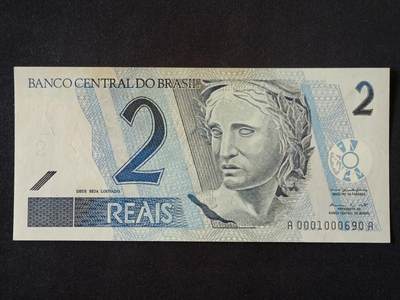 【游宝拍卖】丙午马年第20期 周六截拍 - 巴西-2雷亚尔【AA冠 倒置号 0001000960 近新AU- 黄斑】