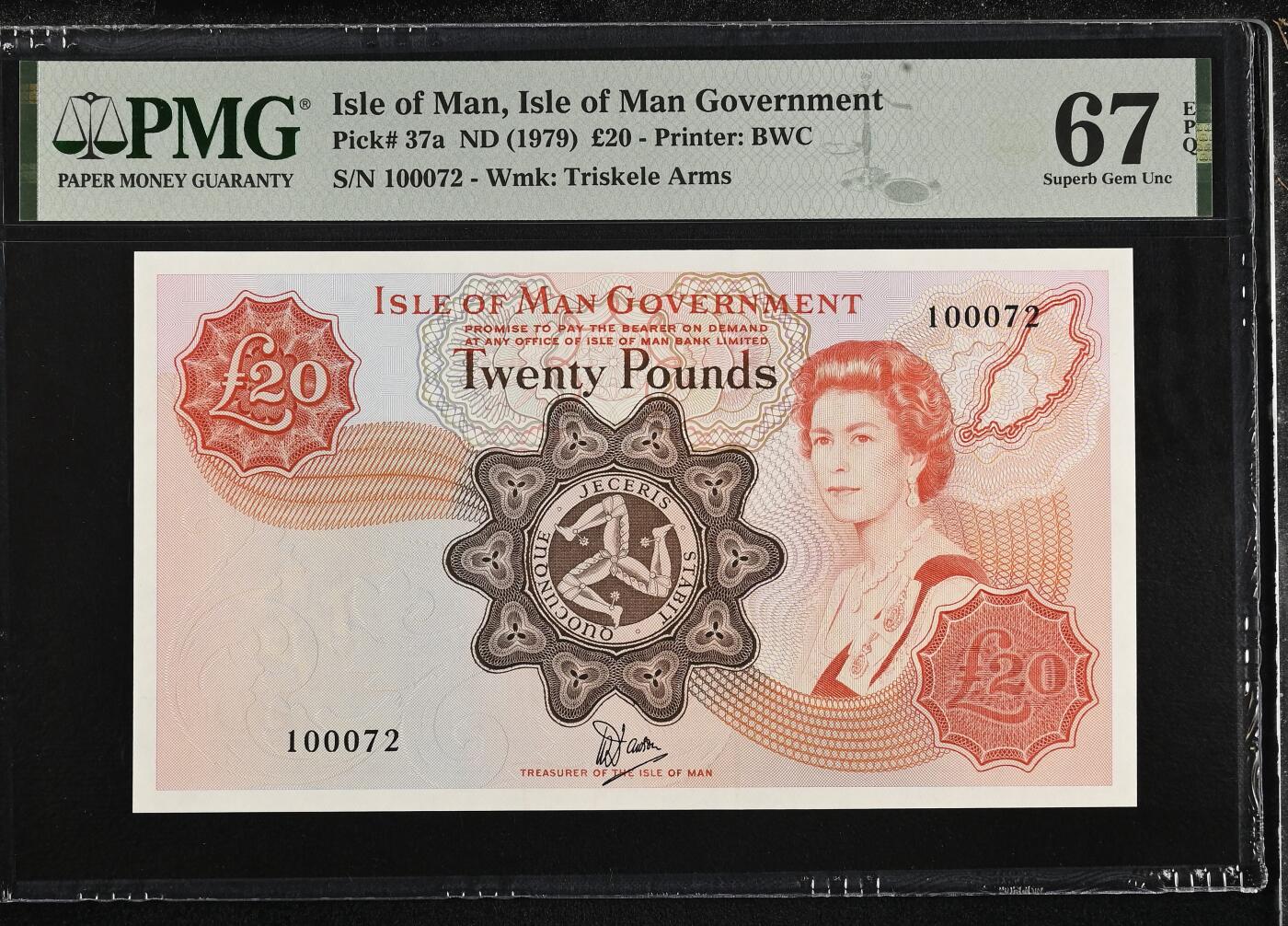 《外钞收藏家》第六百二十四期（精品场）（长期征集拍品、欢迎藏友们联系合作） 【冠军分】流通实钞评级总数50张！PMG67 BWC经典 马恩岛20镑 1979年版 流通版 （该版本稀有度高于同设计的纪念钞 冠军分 非常难得）海外收藏大热门品种
