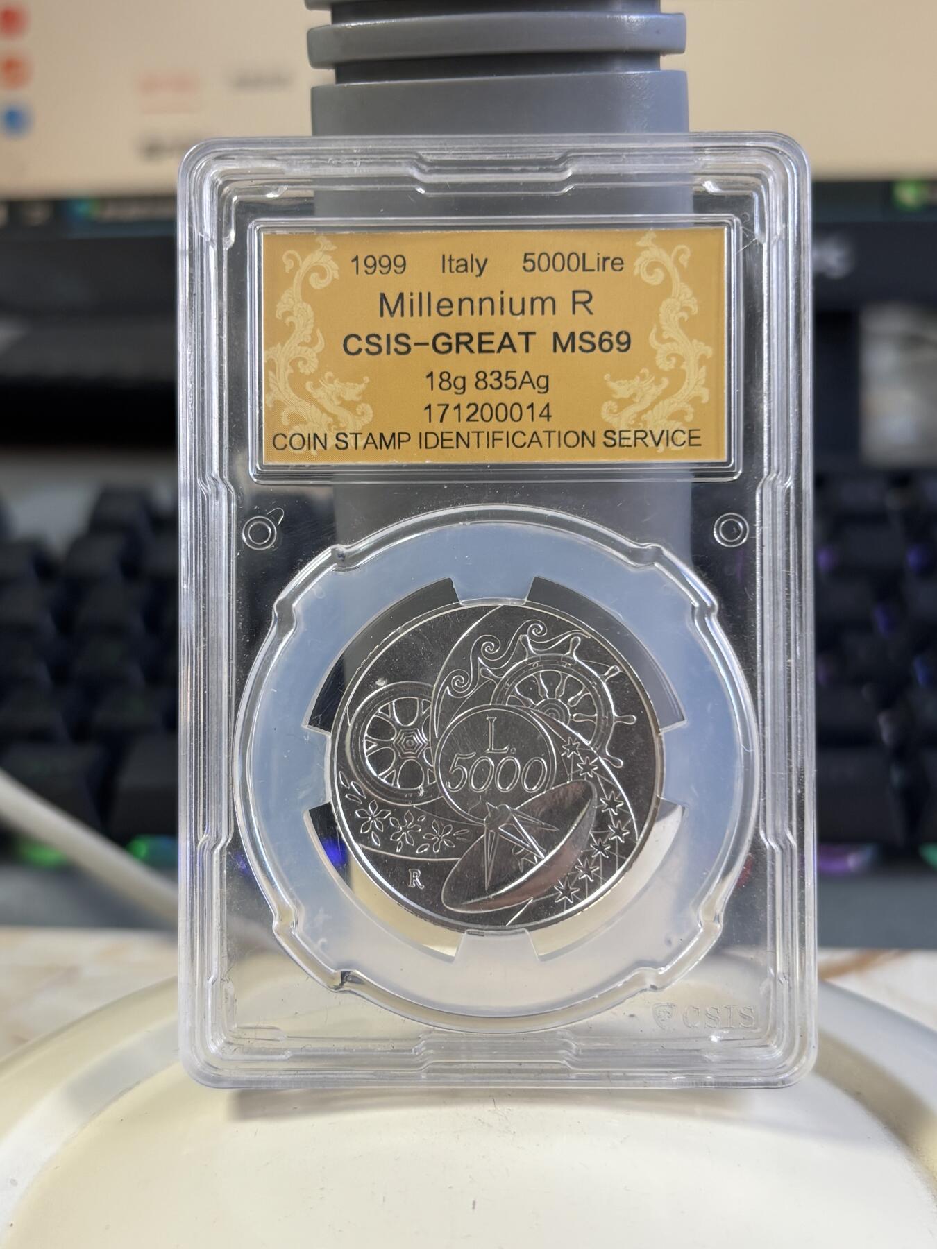 第197期拍卖 克劳斯获奖币意大利1999年千禧年磨砂纪念银币CSIS-MS69，18克，835银