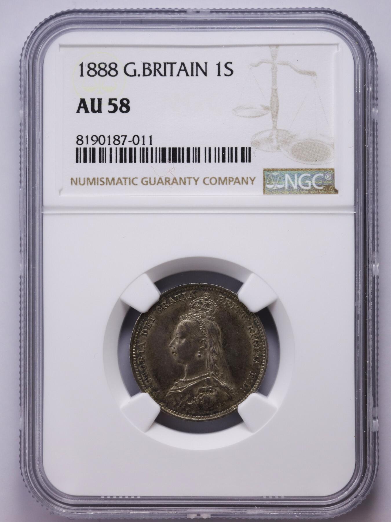 观钱 近现代机制币拍卖No.007（全场顺丰包邮，不区分偏远地区）  1888 年英国维多利亚 1 先令银币（NGC AU58）